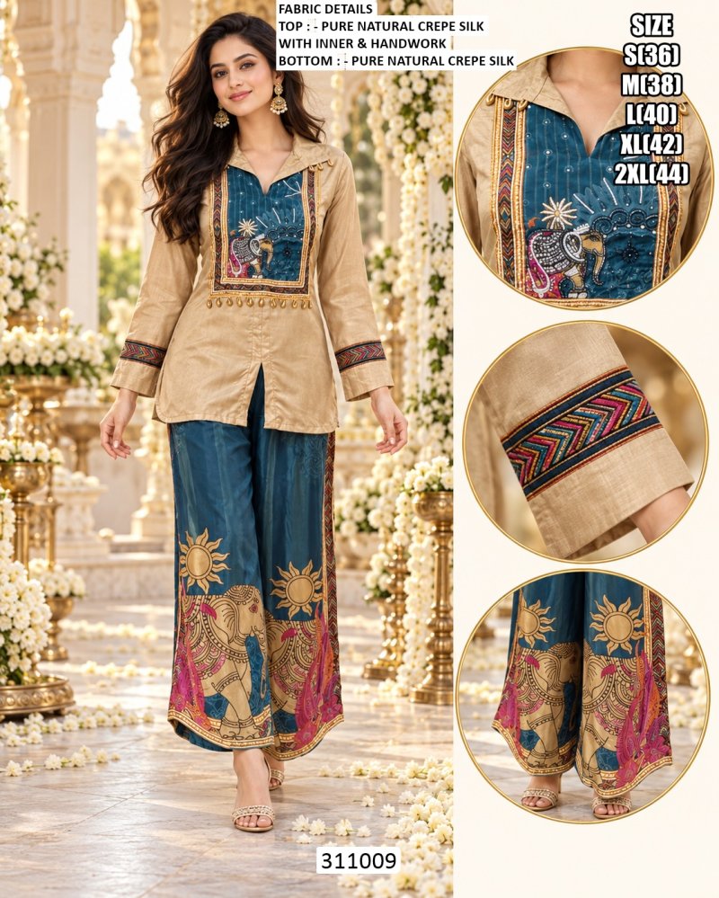 Beige Multi Color Crepe Silk Handwork Co Ord Set ER 311009